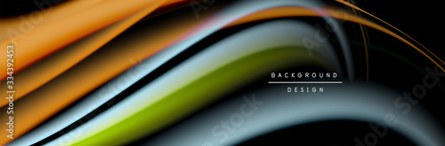 Сolorful flow poster. Wave liquid lines and shapes in black color background. Vector Illustration