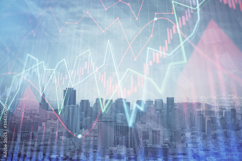 Forex graph on city view with skyscrapers background multi exposure. Financial analysis concept. Forex graph on city view with skyscrapers background multi exposure. Financial analysis concept.