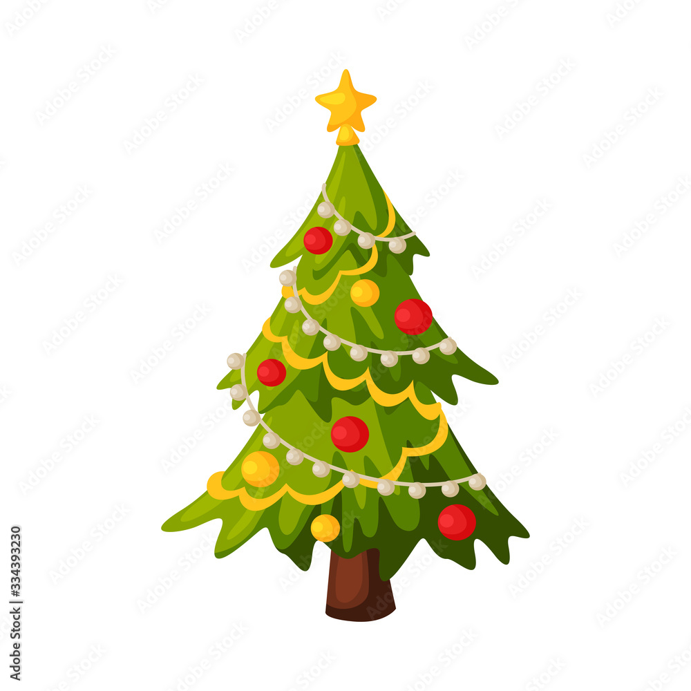 Obraz premium Christmas Fir Tree with Decorations, Traditional New Year Holiday Symbol Vector Illustration
