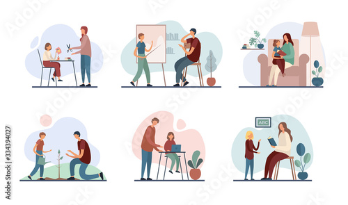 Parents teaching children at home. Set of flat vector illustrations
