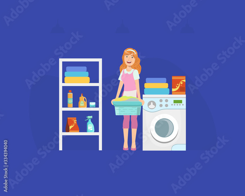 Young Woman Doing Laundry Standing with Dirty Basin Next to Washing Machine Vector Illustration