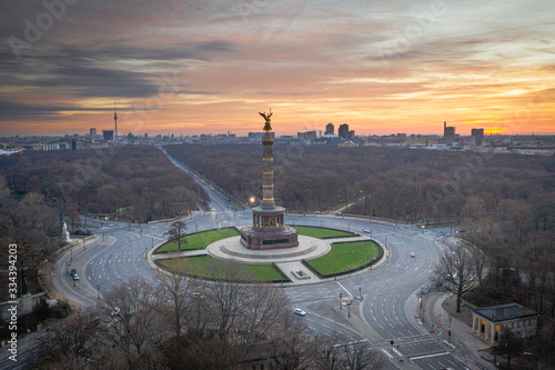 Panoramic view of Berlin skyline and Goldelse in dramatic morningh light