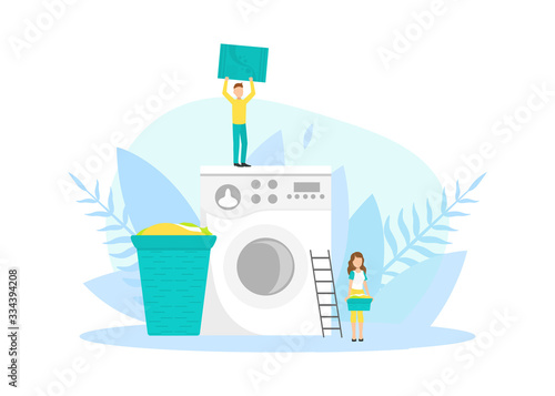 Tiny People Loading Big Washing Machine in Laundry Room Vector Illustration