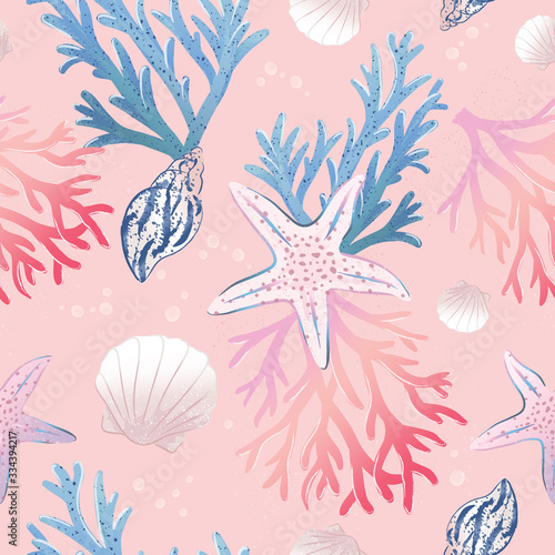 Seamless pattern with seashells, corals and starfishes. Marine background. Vector illustration. Perfect for greetings, invitations, wrapping paper, textile, wedding and fabric prints.