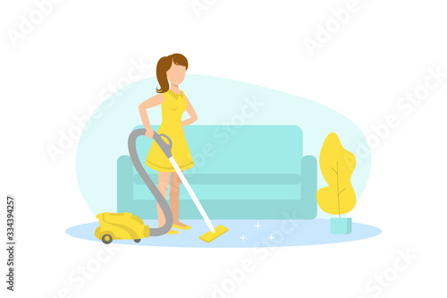 Young Woman Cleaning Carpet with Vacuum Cleaner at Home Vector Illustration