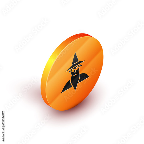 Isometric Wizard warlock icon isolated on white background. Orange circle button. Vector Illustration