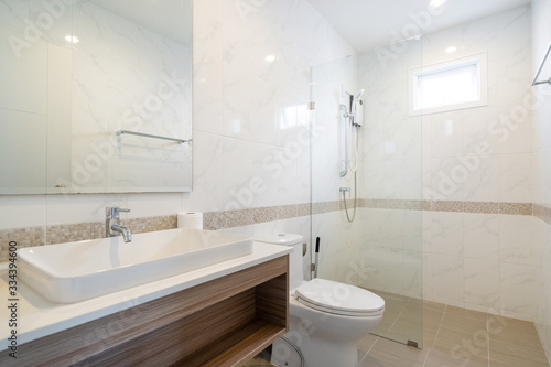 Bathroom, toilet, basin and shower in modern house, villa and apartment