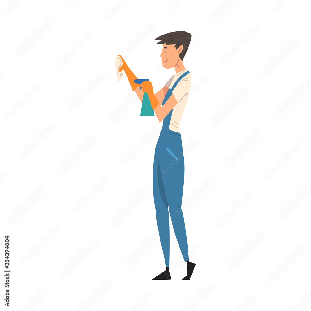 Woman Cleaning with Sprayer Bottle of Detergent and Rag, Female Worker Character Dressed in Blue Overalls and Rubber Gloves, Cleaning Company Staff Vector Illustration