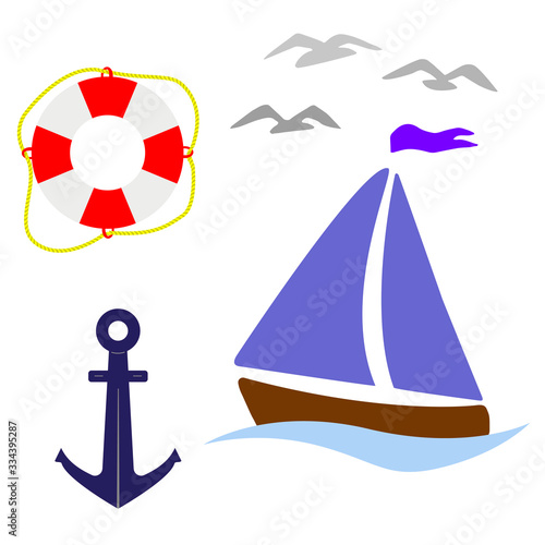 Vector illustration. A set of marine elements isolated on a white background. Sailboat, anchor, lifeline, seagulls.