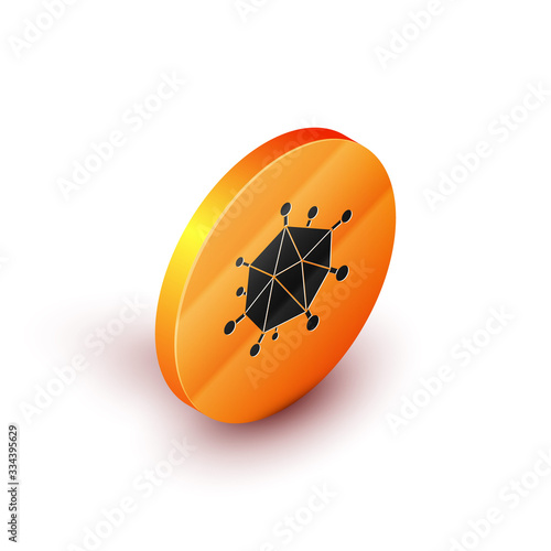 Isometric Virus icon isolated on white background. Corona virus 2019-nCoV. Bacteria and germs, cell cancer, microbe, fungi. Orange circle button. Vector Illustration