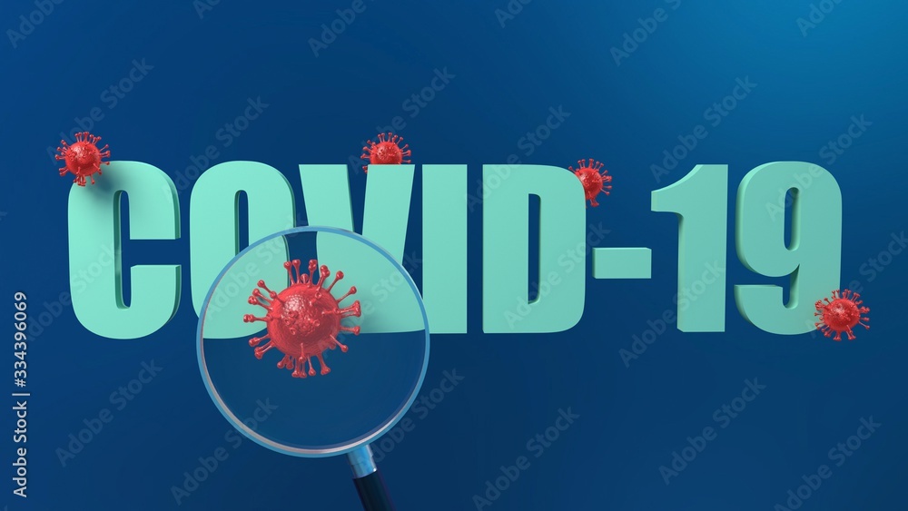 Fototapeta premium 3D Rendering of virus cells on a word with a magnifying glass