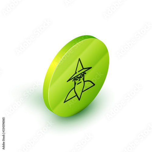 Isometric line Wizard warlock icon isolated on white background. Green circle button. Vector Illustration