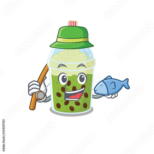 A Picture of funny Fishing matcha bubble tea design