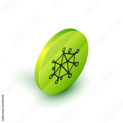 Isometric line Virus icon isolated on white background. Corona virus 2019-nCoV. Bacteria and germs, cell cancer, microbe, fungi. Green circle button. Vector Illustration