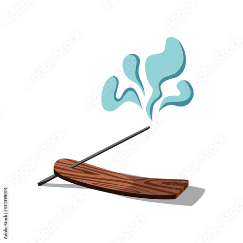 Burning aroma stick with a pleasant smell on a special wooden stand holder. Vector objects isolated on white background.