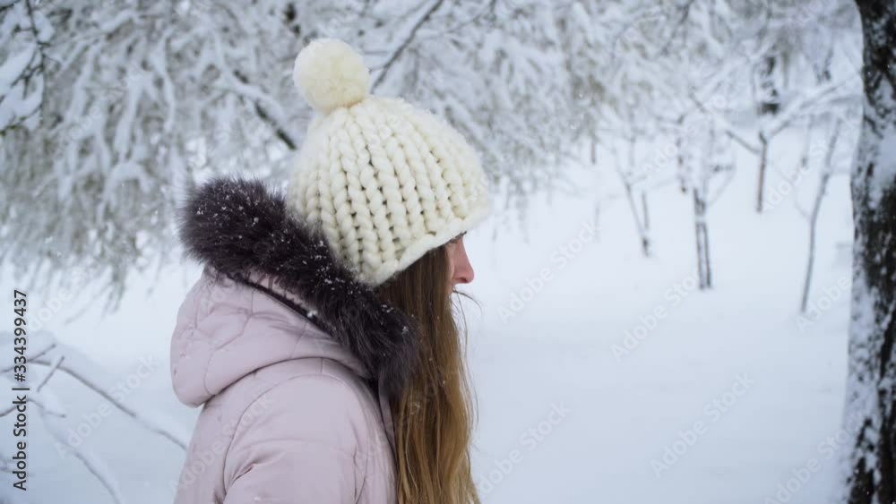 Girl walks on a cold winter day. Falling snow, winter, snowfall Girl walks on a cold winter day. Falling snow, winter, snowfall