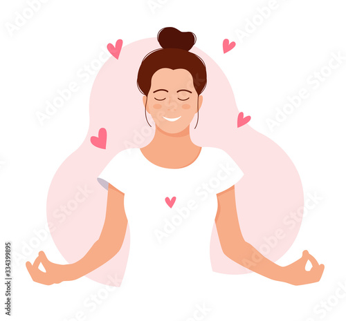 Girl meditates. Relax. Love yourself. Mental health concept. Meditation. Healthcare. Inner harmony with yourself. Take time for your self. Vector illustration. Woman meditating on white background