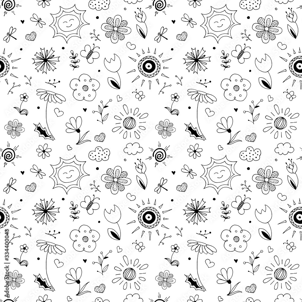 Spring doodle style pattern. Seamless vector backdrop. Simple black ...