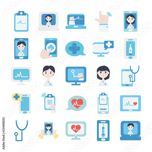 cartoon doctos and doctor online icon set, flat style