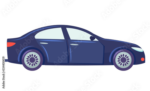 Blue car isolated on white background. Sedan with glasses. Auto to drive and get your destination quickly. Wheeled motor vehicle used for transportation. Vector illustration in flat style