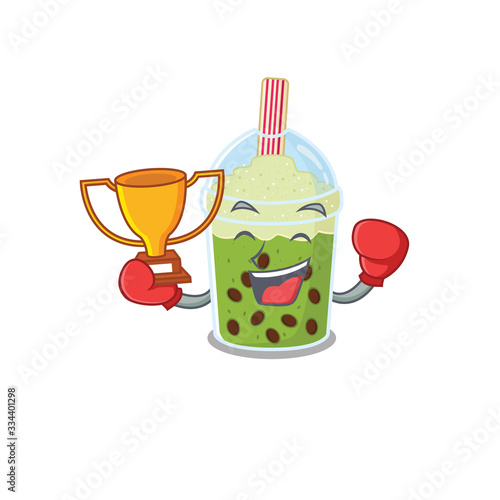 Happy face of boxing winner matcha bubble tea in mascot design style