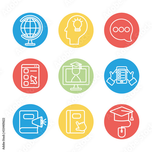 academic book and education online icon set, line block style