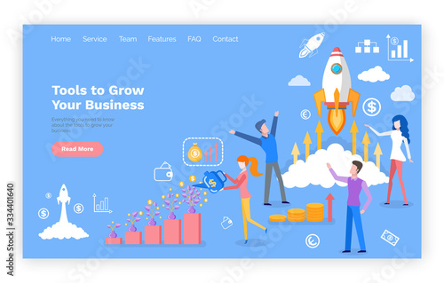 Tools to grow business online web page template vector. Rocket start and money growth, entrepreneurs and graphics, website or landing page flat style