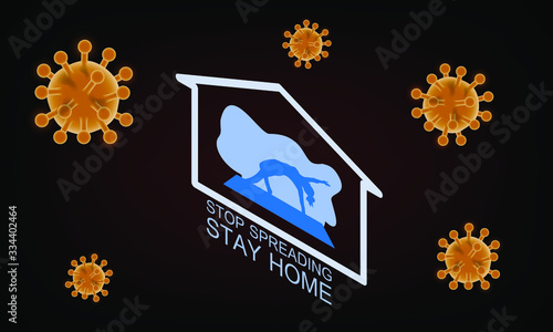 Woman pose yoga from home to prevent coronavirus spreading vector concept, social isolation, self quarantine flat cartoon concept.