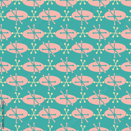 Retro abstract oval and star burst vector seamless pattern background. Mid century backdrop in brown and orange. Geometric design. Minimal fifties style all over print for modern revival concept.
