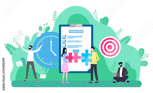 Teamwork and fulfill goals, clock and target, worker communication with laptop. Colleagues strategy, professional cooperation, check mark on paper vector