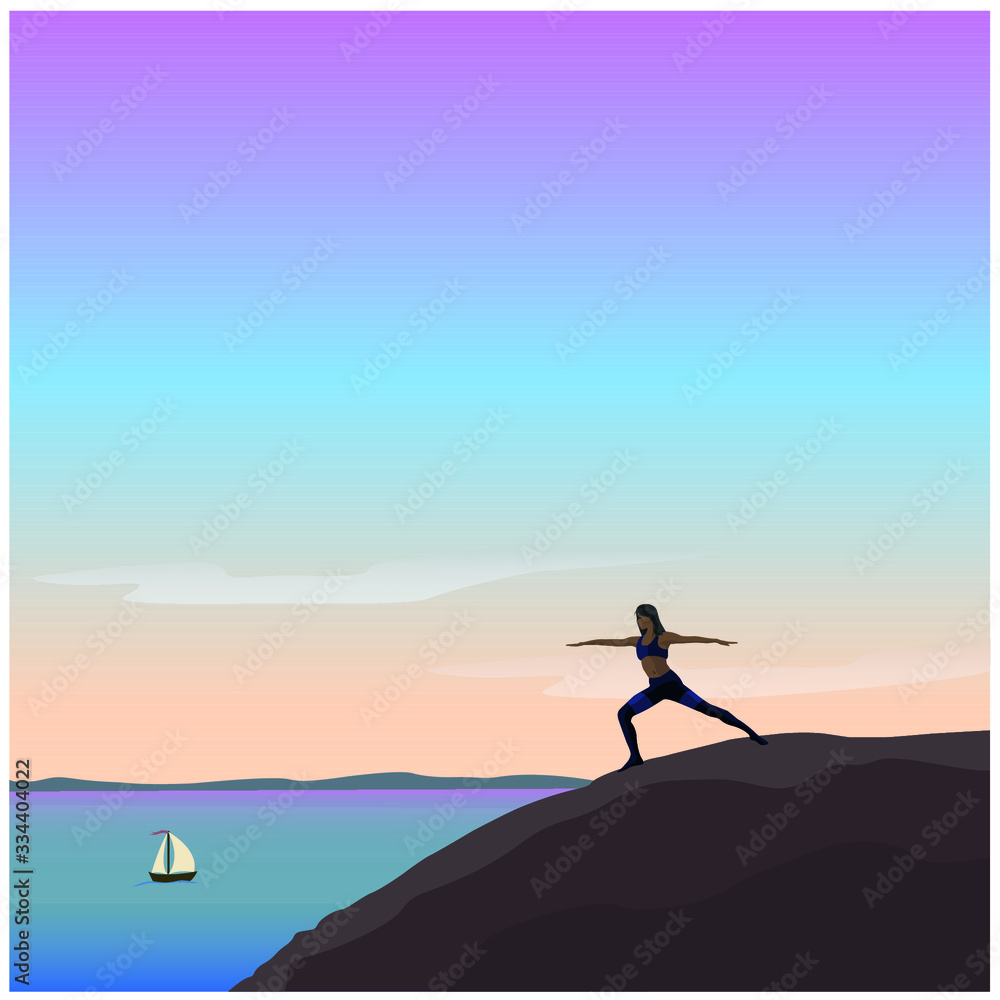 Woman doing yoga exercises by the sea. Yoga poses vector illustration.