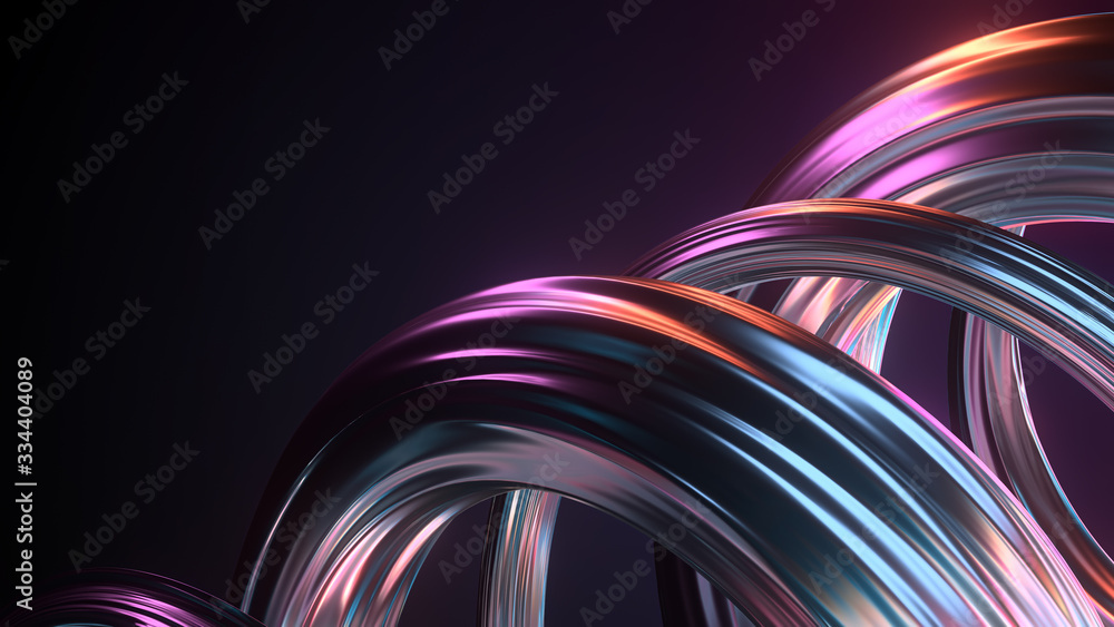 3d render of twisted shape made of chrome material. Iridescent  colorful reflections...