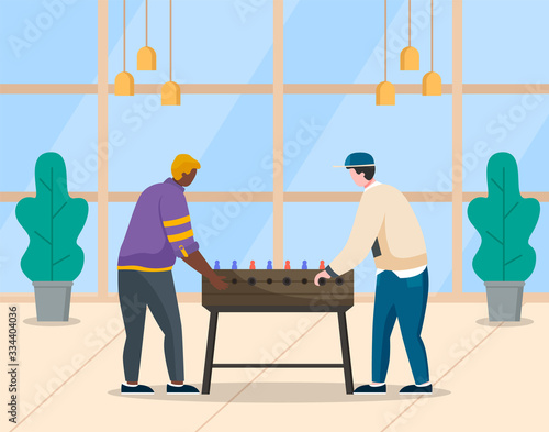 People having fun at coffee break at work. Workers colleagues playing table football match. Male characters relaxing at office. Personages entertaining in free time, soccer game. Vector in flat style