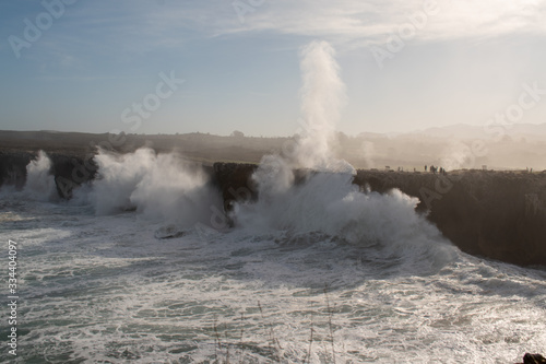 Cliffs and blowholes after a storm at 'Bufones de Pria' , Asturias, Spain