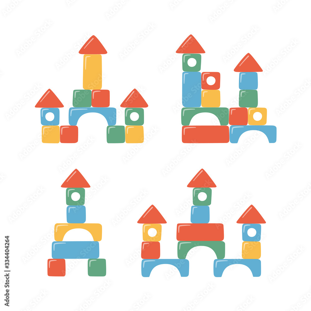 Towers of children toy blocks. Multicolored kids bricks for building and playing. Education toys for preschool kids for early childhood development. Set of vector illustrations on white background