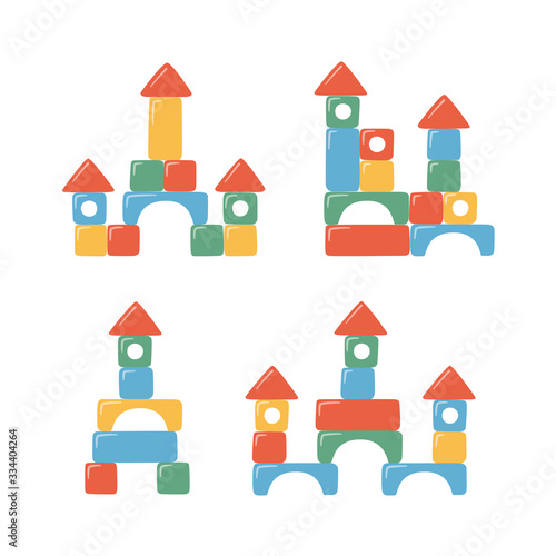 Towers of children toy blocks. Multicolored kids bricks for building and playing. Education toys for preschool kids for early childhood development. Set of vector illustrations on white background