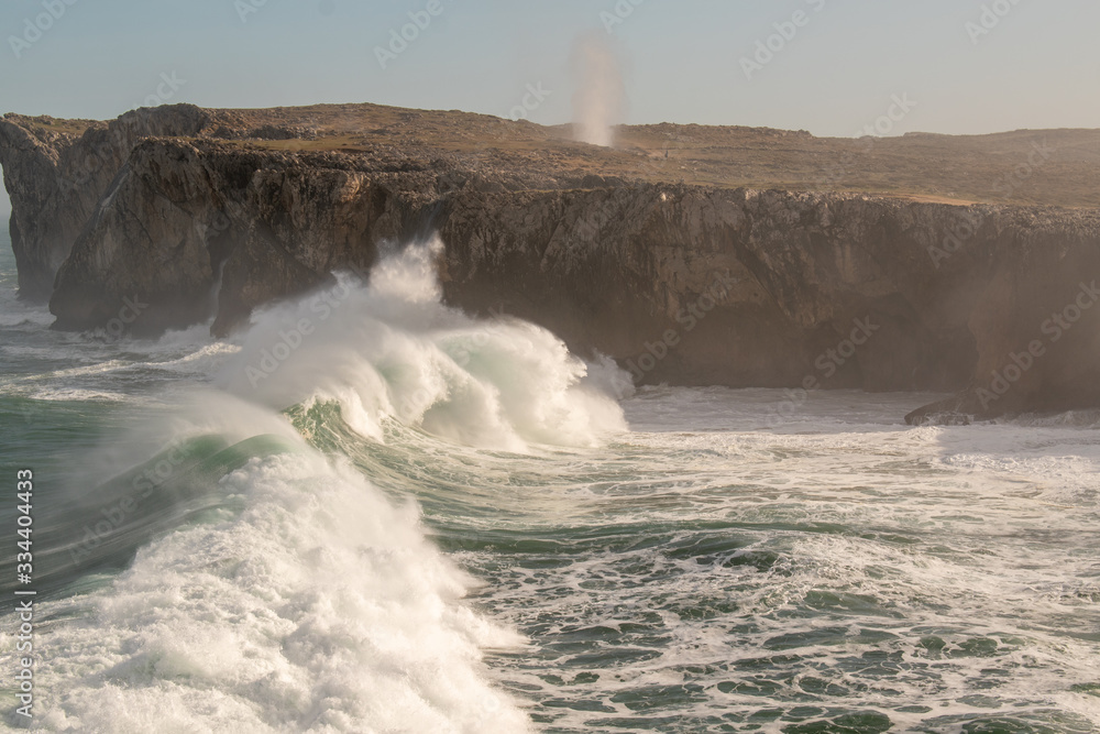 Cliffs and blowholes after a storm at 'Bufones de Pria' , Asturias, Spain