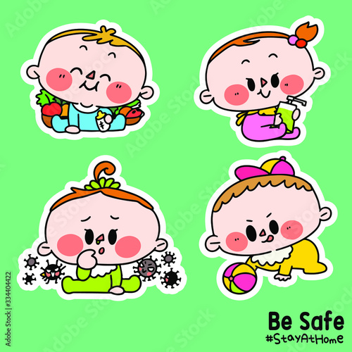 Kids Be Safe Stay at Home Corona COVID-19 Campaign Sticker Illustration C