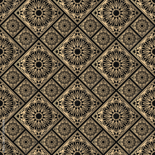 Seamless pattern oriental ornament. Black and golden textile print. Islamic vector design. Floral tiles.