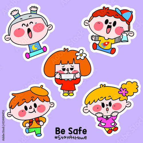Kids Be Safe Stay at Home Corona COVID-19 Campaign Sticker Illustration D
