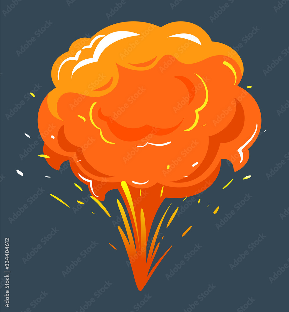 Big explosion with orange cloud of dust. Isolated bang in motion with fire,  bright and radial bursting. Nuclear or chemical outburst of energy. Vector  illustration of flash point in flat style Stock