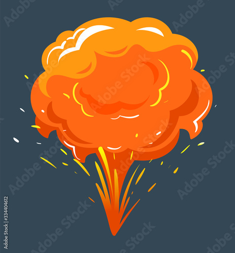 Big explosion with orange cloud of dust. Isolated bang in motion with fire, bright and radial bursting. Nuclear or chemical outburst of energy. Vector illustration of flash point in flat style