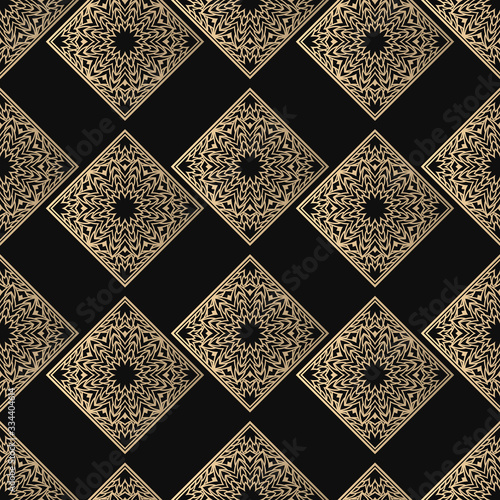 Seamless pattern oriental ornament. Black and golden textile print. Islamic vector design. Floral tiles.