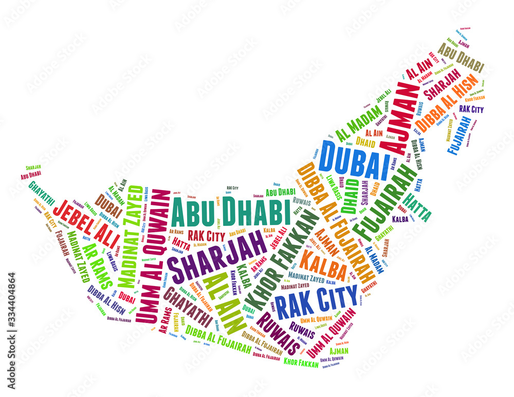 Obraz premium United Arab Emirates map and list of cities