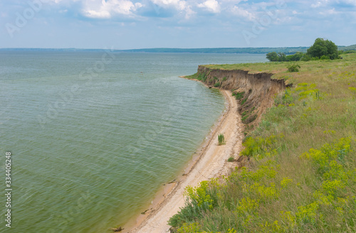 Spring landscape with wild beach on Dnipro river near Skelky village  Zaporizhia Oblast  Ukraine