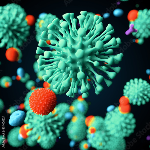 Stylized COVID virus closeup. Illustration with depth of field  3d rendered.
