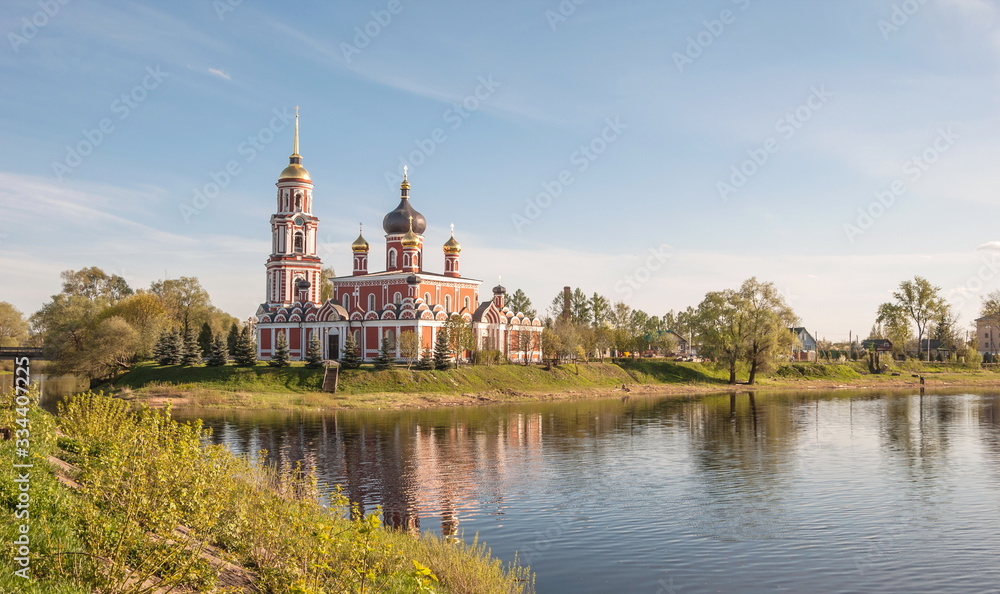 Resurrection Cathedral on  banks of  river in Staraya Russa