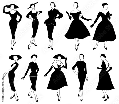 Set of girls in a dress.Collections of silhouettes  a model in retro clothes. Black and white illustration for the salons of tailoring.