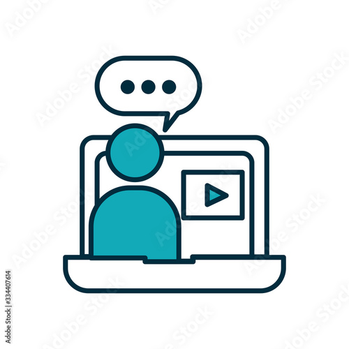 online education concept, teacher dictating online classes at computer icon, half line half color style
