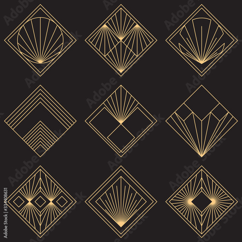 Sacred geometry signs. Art deco symbols. Set of golden icons. Mystical geometric elements. Art Deco diamond emblems. Wire outline gradient logos. Golden foil logotypes. Linear geometry tiles.